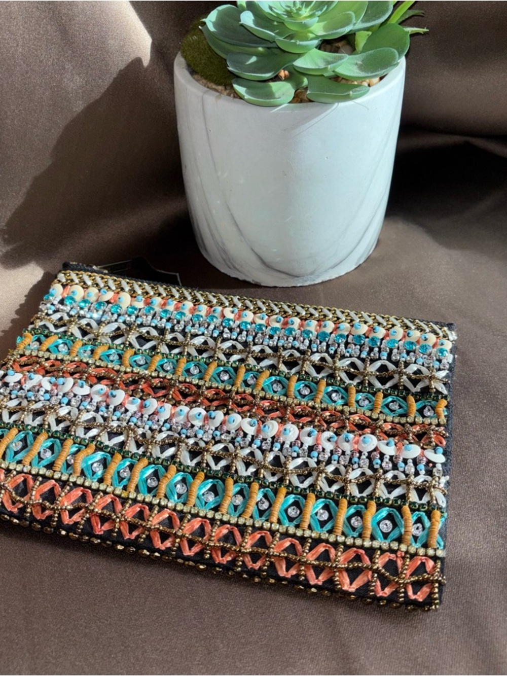 Anthropologie Beaded Multicolor Shell Clutch - Teal, Coral, Gold NWOT